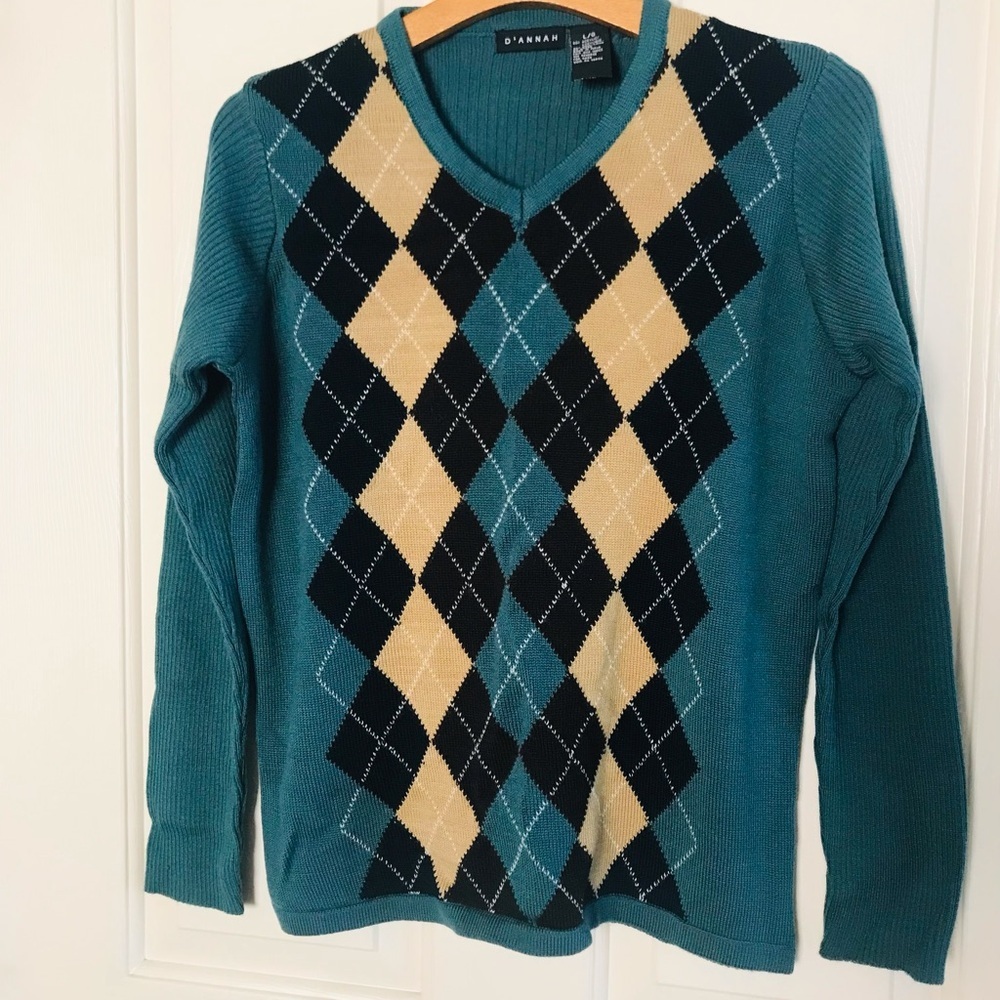 D’ANNAH Argyle Wool Blend Women’s Ribbed Knit Sweater V-neck Green Size Large